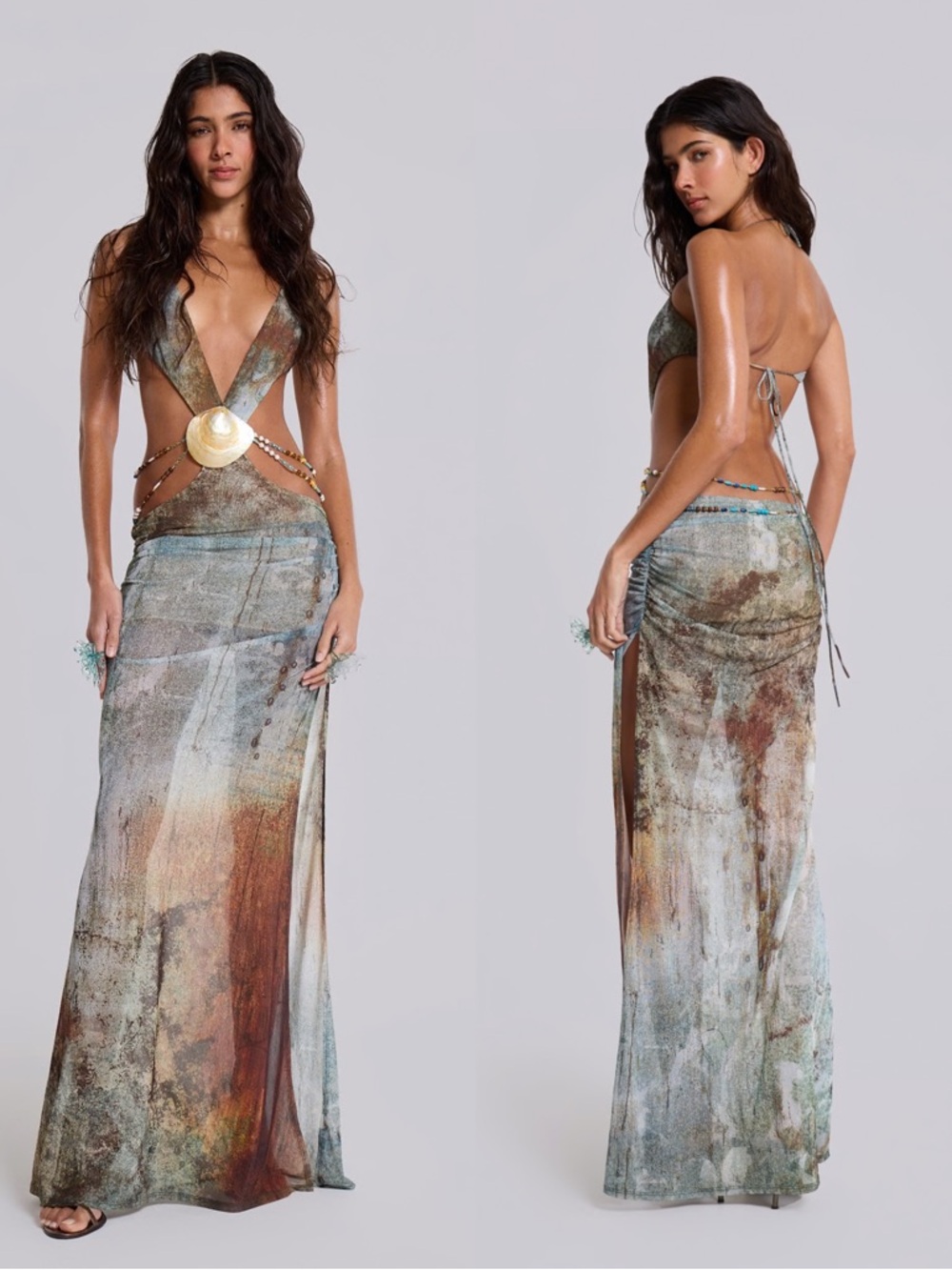 Jaded London Vida Plunge Maxi Dress with Shell Trim